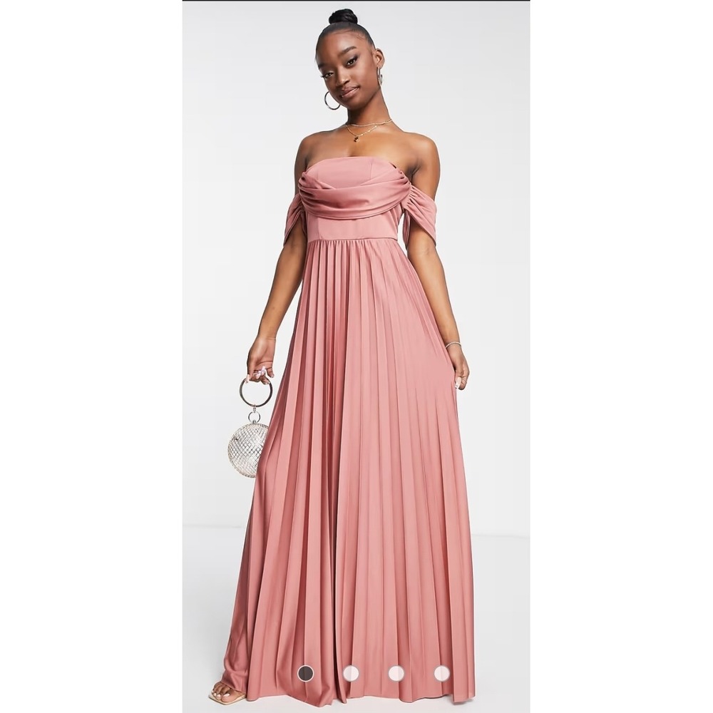 ASOS DESIGN Rose Pink Off The Shoulder Pleated Maxi Dress US 12